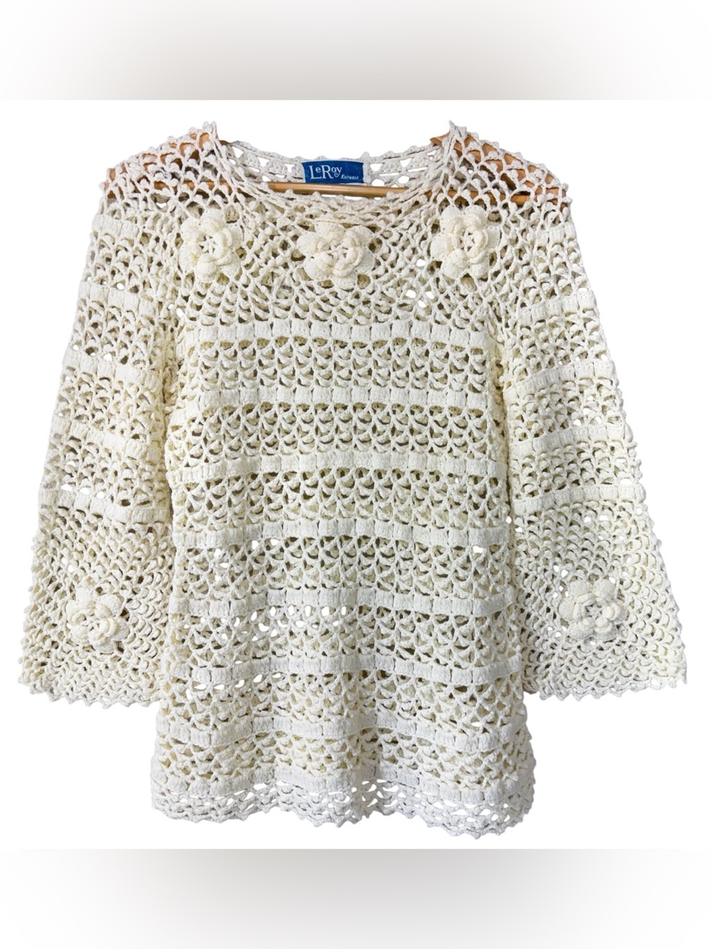 LeRoy Long Sleeve Festival Vintage 1970s Crochet Sweater Top Cream Size Medium